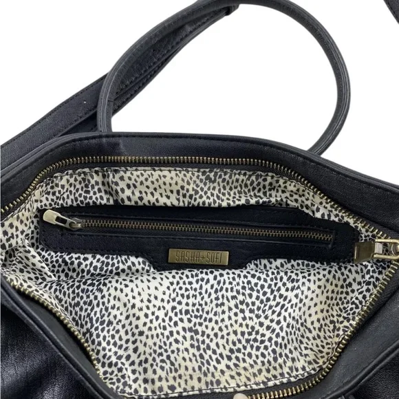 Sasha + Sofi Vegan Hobo Crossbody Bag Dual Handles + Shoulder Strap Black - Picture 8 of 9